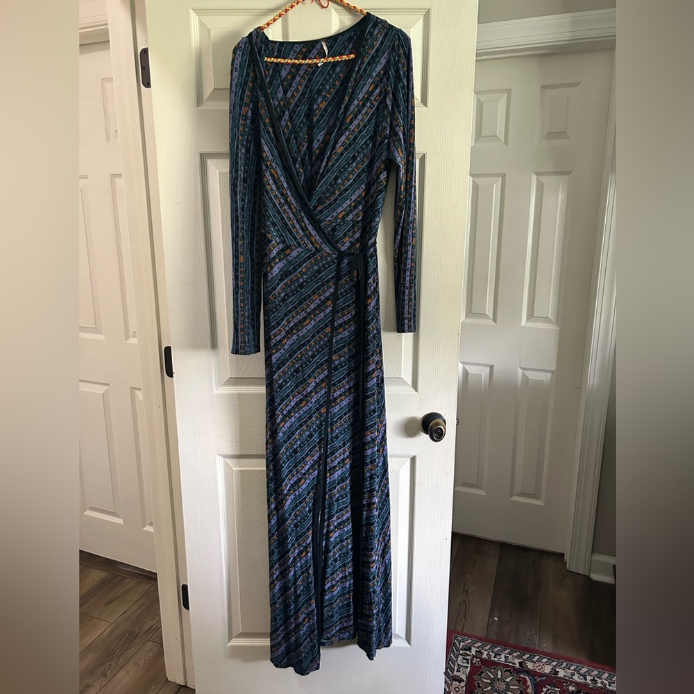 Free People Teal Striped Maxi Wrap Dress